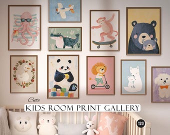 Nursery & Kids Room Prints Gallery, Cute Animals Poster bundle, Printable Wall Art for Child and Toddlers, Colorful Children Room Print