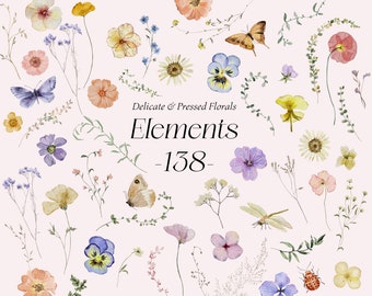 Wild Meadow Elements Wildflower Watercolor clipart, Delicate pressed flowers, Tiny florals Summer field Flowers bundle butterflies