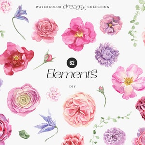 DREAMY acuarela elementos florales DIY, flores de acuarela lila png, clipart floral de verano rosa pastel, tarjeta de invitación de boda Imágenes prediseñadas digitales