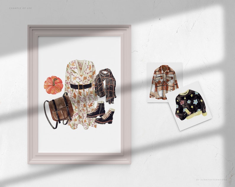 Puede incluir: Una ilustraci&oacute;n de acuarela de un atuendo de oto&ntilde;o con un vestido floral, una bufanda a cuadros, una mochila de cuero marr&oacute;n, una calabaza y botas negras.