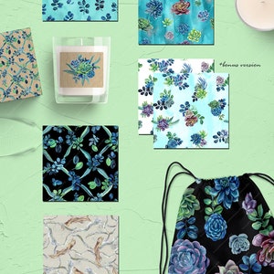 May include: A set of 10 digital seamless patterns featuring watercolor succulents in various colors and styles. The patterns are perfect for creating digital and printed designs.