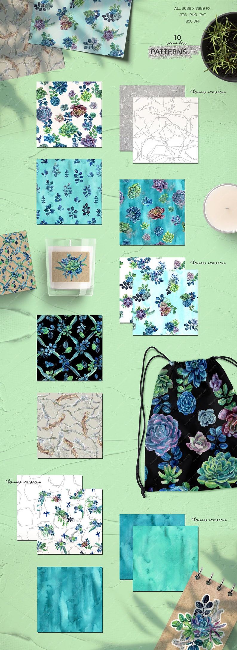 May include: A set of 10 digital seamless patterns featuring watercolor succulents in various colors and styles. The patterns are perfect for creating digital and printed designs.