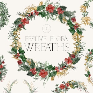 Grinaldas de flora festiva clipart em aquarela, guirlanda de folhagem floral de Natal, vegetação de inverno e galhos de pinheiro, folhas douradas de folhas douradas azevinho