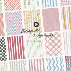 May include: A selection of 30 hand-painted "Cottagecore Backgrounds" with diverse patterns. The backgrounds showcase stripes, checks, and wavy lines in pastel shades such as pink, green, and blue. The text "HANDPAINTED" is also visible.