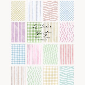 Puede incluir: Una colecci&oacute;n de fondos de acuarela con varios patrones, incluyendo rayas, cuadros y l&iacute;neas onduladas. La paleta de colores presenta tonos pastel de rosa, azul, verde y amarillo. El texto dice "La Dolce Party" y "Handdrawn Summer Backgrounds".