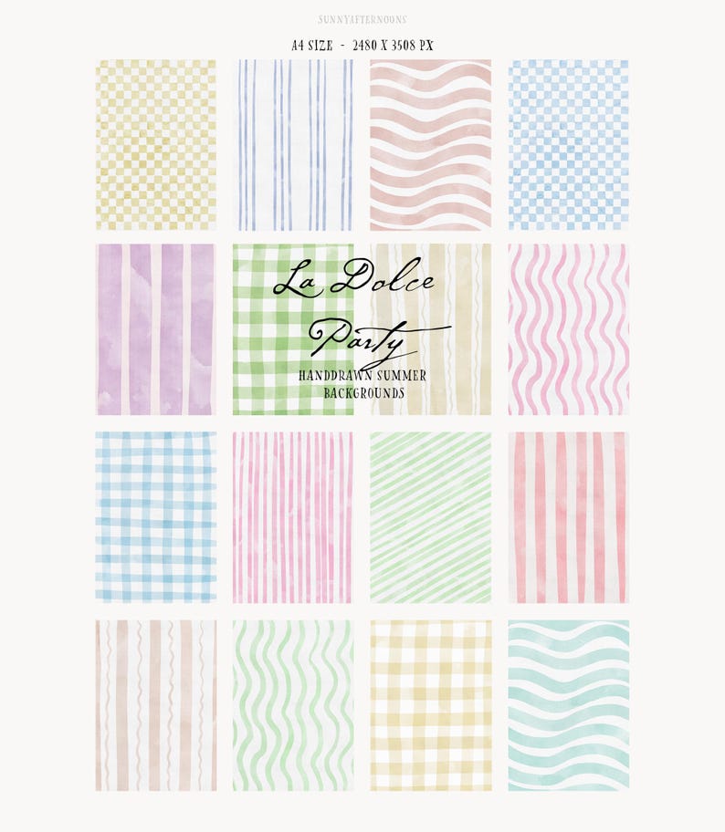 Puede incluir: Una colecci&oacute;n de fondos de acuarela con varios patrones, incluyendo rayas, cuadros y l&iacute;neas onduladas. La paleta de colores presenta tonos pastel de rosa, azul, verde y amarillo. El texto dice "La Dolce Party" y "Handdrawn Summer Backgrounds".