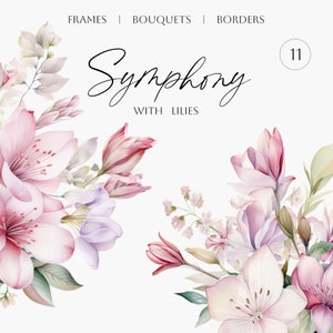 Clipart de flores delicadas em aquarela - Clipart de flores - Clipart de flores de lírios rosa - Clipart de convite de casamento - Molduras florais elegantes, bordas