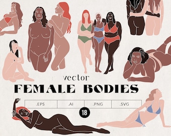 May include: A set of 18 vector illustrations of female bodies in various poses. The illustrations are in a minimalist style with simple lines and muted colors.