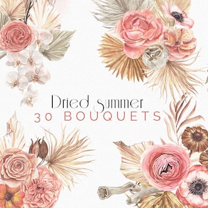 Aquarelle Boho Floral Bouquets, fleurs et feuilles de palmier séchées, bouquet Boho, herbe à pompe, roses clipart invitation de mariage PNG