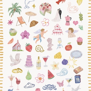 Puede incluir: Ilustraciones en acuarela de varios elementos de verano y fiesta, incluyendo comida, bebidas y objetos decorativos. Presenta pasteles, champ&aacute;n, una langosta y una l&aacute;mpara de ara&ntilde;a. Tambi&eacute;n est&aacute; presente el texto "La Dolce Party".