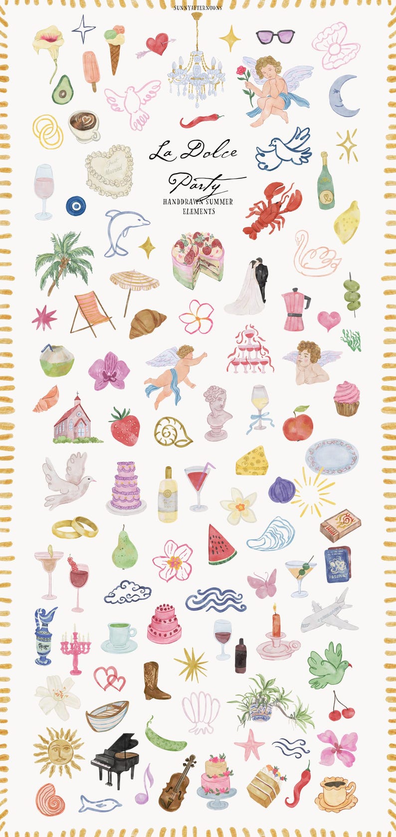 Puede incluir: Ilustraciones en acuarela de varios elementos de verano y fiesta, incluyendo comida, bebidas y objetos decorativos. Presenta pasteles, champ&aacute;n, una langosta y una l&aacute;mpara de ara&ntilde;a. Tambi&eacute;n est&aacute; presente el texto "La Dolce Party".