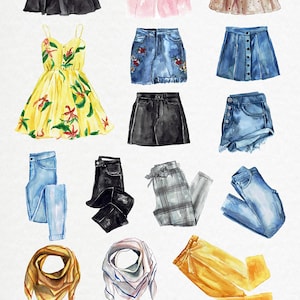 Pode incluir: Um conjunto de 53 ilustra&ccedil;&otilde;es de aquarela de itens de moda de primavera, incluindo tops, vestidos, saias, cal&ccedil;as, jeans, len&ccedil;os, &oacute;culos de sol, chap&eacute;us, bolsas, sapatos e acess&oacute;rios. As ilustra&ccedil;&otilde;es est&atilde;o em uma variedade de cores e padr&otilde;es. O conjunto tamb&eacute;m inclui duas ilustra&ccedil;&otilde;es b&ocirc;nus de flores.
