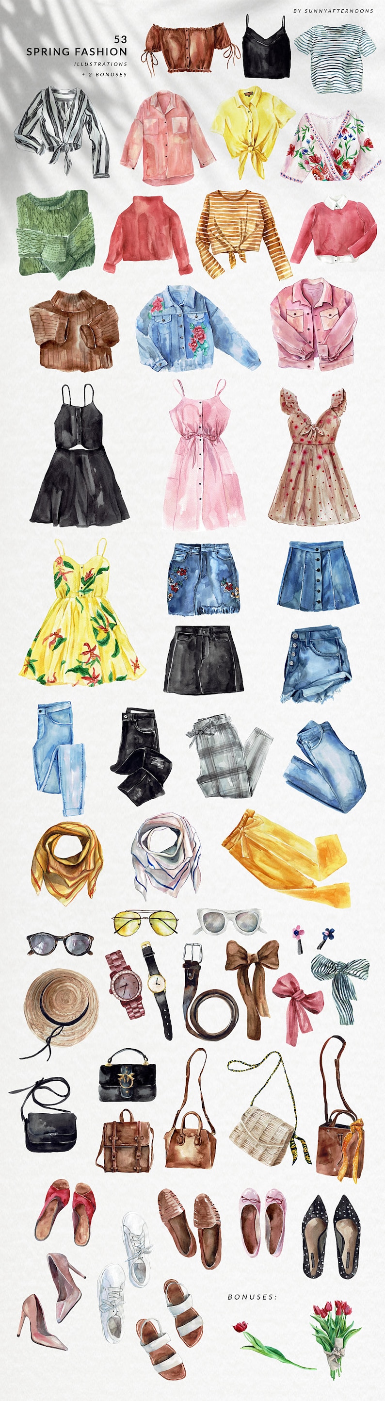 Pode incluir: Um conjunto de 53 ilustra&ccedil;&otilde;es de aquarela de itens de moda de primavera, incluindo tops, vestidos, saias, cal&ccedil;as, jeans, len&ccedil;os, &oacute;culos de sol, chap&eacute;us, bolsas, sapatos e acess&oacute;rios. As ilustra&ccedil;&otilde;es est&atilde;o em uma variedade de cores e padr&otilde;es. O conjunto tamb&eacute;m inclui duas ilustra&ccedil;&otilde;es b&ocirc;nus de flores.