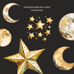 May include: A set of watercolour illustrations featuring a crescent moon, a full moon, a large star, and a cluster of smaller stars. The illustrations are painted in gold and have a textured, watercolour look.