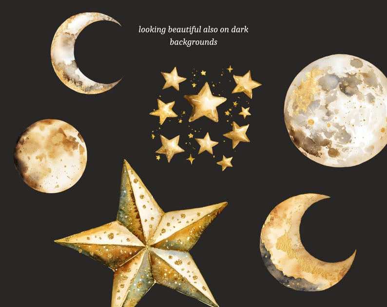 May include: A set of watercolour illustrations featuring a crescent moon, a full moon, a large star, and a cluster of smaller stars. The illustrations are painted in gold and have a textured, watercolour look.
