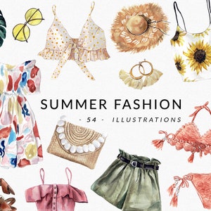 VERANO Moda Acuarela, Colección de trajes de verano para blog, revista, esenciales, trajes boho, ropa, zapatos vestidos Clipart digital PNG