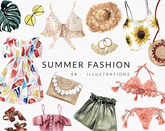 VERANO Moda Acuarela, Colección de trajes de verano para blog, revista, esenciales, trajes boho, ropa, zapatos vestidos Clipart digital PNG