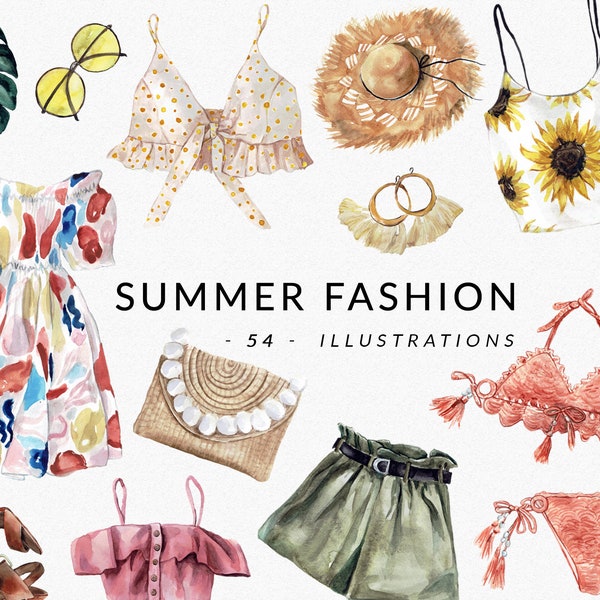 SUMMER Fashion Watercolor, Summer outfits collection for blog, magazine,essentials, boho outfits, clothes, shoes dresses Clipart digital PNG