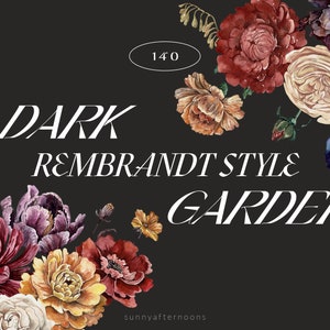 Dark Garden watercolor Flowers clipart, Dark and Moody florals, Rembrandt style, autumnal wedding invitation, Botanical dark academia image 1