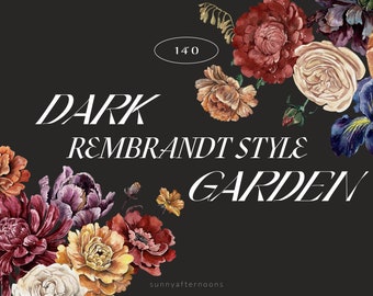 Dark Garden watercolor Flowers clipart, Dark and Moody florals, Rembrandt style, autumnal wedding invitation, Botanical dark academia