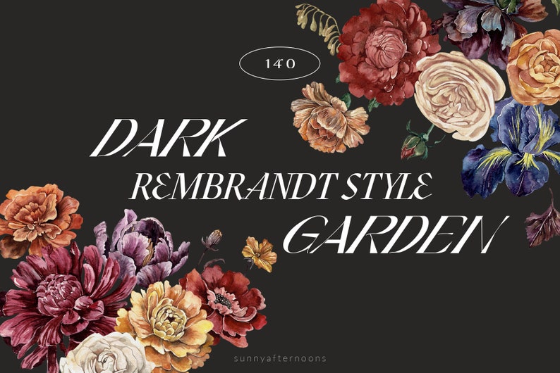 Dark Garden watercolor Flowers clipart, Dark and Moody florals, Rembrandt style, autumnal wedding invitation, Botanical dark academia image 1