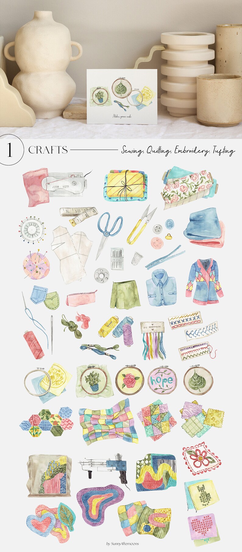 May include: A watercolor illustration of various sewing, quilting, embroidery, and tufting supplies. The illustration includes a sewing machine, scissors, thread spools, fabric scraps, needles, buttons, and embroidery hoops. The text "Sewing. Quilting. Embroidery. Tufting" is written at the top of the image. The text "by Sunny Afternoons" is written at the bottom of the image.