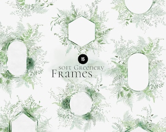 Soft Greenery Frames watercolor clipart, Delicate Leaves, Foliage wreath ferns Greenery, forest wedding invite logo, Forest frame Leaf PNG