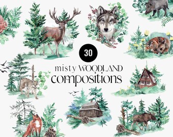 Watercolor Forest Digital Clipart Set, Misty Woodland, Forest animals printable,Watercolor Trees,Deer antlers, mountain houses wolf bear PNG