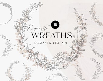 Imágenes prediseñadas botánicas de bellas artes, cresta floral vintage, marcos de boda de rosas de grafito, coronas abstractas dibujadas a mano, bocetos de arte de líneas florales