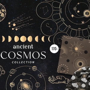 Cosmo antico, astronomia d'epoca, fasi lunari dorate, clipart del sole, segni zodiacali, composizioni di loghi celesti mistici pianeti stelle vettore png svg