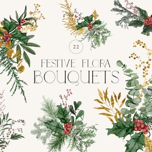 Buquês de flora festiva clipart em aquarela, folhagens florais de Natal, vegetação de inverno e galhos de pinheiro, arranjos de folhas douradas, folhas douradas