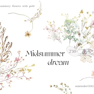 Midsummer Wild field Flowers Watercolor Wildflower clipart, Delicate flower frame, Summer meadow wreath floral wedding invite logo card PNG