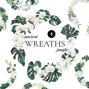 Könnte beinhalten: Acht Aquarellkränze mit weißen Orchideen und tropischen Blättern. Der Text "ancient wreaths jungle" steht in der Mitte des Bildes.