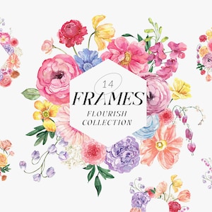 Marcos de acuarela FLOURISH, marco de flores de acuarela brillante png, imágenes prediseñadas florales de verano vibrantes, logotipo de tarjeta de invitación de boda Imágenes prediseñadas digitales