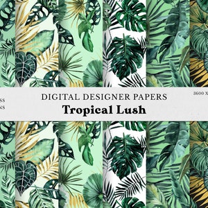 Tropische üppige Aquarell digitale Papiere Clipart, exotische Dschungel Blätter nahtlose Muster, gold grün Stoffdruck, Monstera Palmblatt PNG