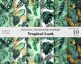 Tropical Lush Watercolor Digital Papers clipart,Exotic Jungle leaves Seamless Patterns, gold greenery fabric printing,Monstera palm leaf PNG