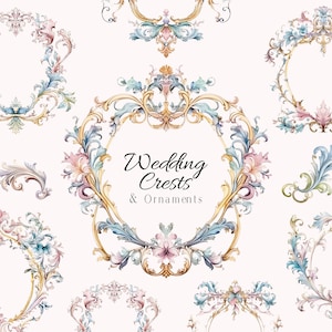 Bruiloft toppen, Regency tijdperk bruiloft aquarel clipart, barokke Crest, Rococo Frames en ornamenten, romantische sprookjesachtige bruiloft uitnodiging