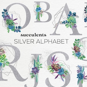 Succulents Watercolor Alphabet Clipart, floral watercolor succulent monogram clipart, silver letters and numbers cactus wedding invitation