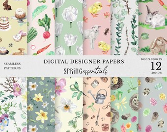 May include: Twelve digital paper designs featuring watercolor illustrations of Easter themes. The designs include bunnies, chicks, eggs, flowers, and gardening tools. The papers are 3600 x 3600 pixels and 300 DPI.