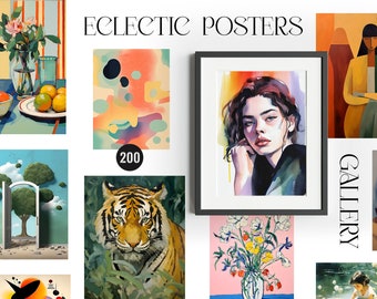 Eclectic Posters Wall Art Gallery, Maximalist Poster bundle, Colorful Printable Wall Art, Portraits, Still Life, Surreal, Abstract Prints