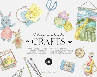 CRAFTS clipart, watercolor Knitting Sewing Crochet Embroidery Pottery Crafting illustrations, hand made clip art, yarn needlework scissors