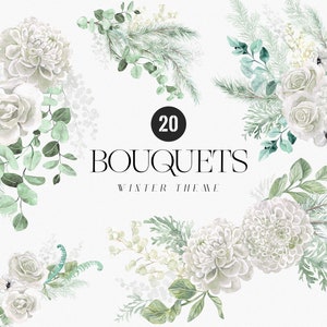 Clipart de buquês de aquarela de inverno, delicadas flores brancas, conjunto floral macio de Natal, rosas brancas dália eucalipto Clipart Digital PNG