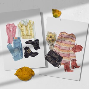 Puede incluir: Dos ilustraciones de acuarela de atuendos de oto&ntilde;o. El primer atuendo presenta un su&eacute;ter rosa, jeans azules, un chaleco de punto amarillo y blanco a rayas y botas negras. El segundo atuendo presenta un su&eacute;ter a rayas rosa y blanco, un bolso negro, una boina roja y botas de tac&oacute;n rojo.