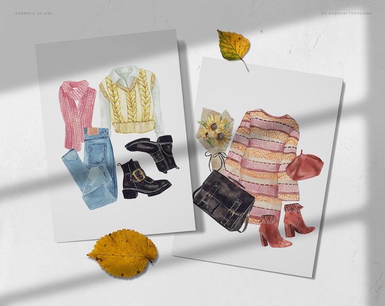 Puede incluir: Dos ilustraciones de acuarela de atuendos de oto&ntilde;o. El primer atuendo presenta un su&eacute;ter rosa, jeans azules, un chaleco de punto amarillo y blanco a rayas y botas negras. El segundo atuendo presenta un su&eacute;ter a rayas rosa y blanco, un bolso negro, una boina roja y botas de tac&oacute;n rojo.