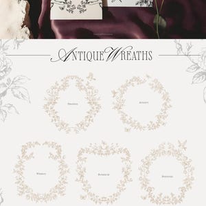 May include: A set of ten vintage floral wreaths in black and white, with names like "Timeless", "Artistry", "Whimsy", "Botanical", "Heirloom", "Poetic", and "Romantic". The text "Antique Wreaths" is at the top of the image. The text "Romantic floral wreaths, capturing the elegance of nature in fine detail" is at the bottom of the image.