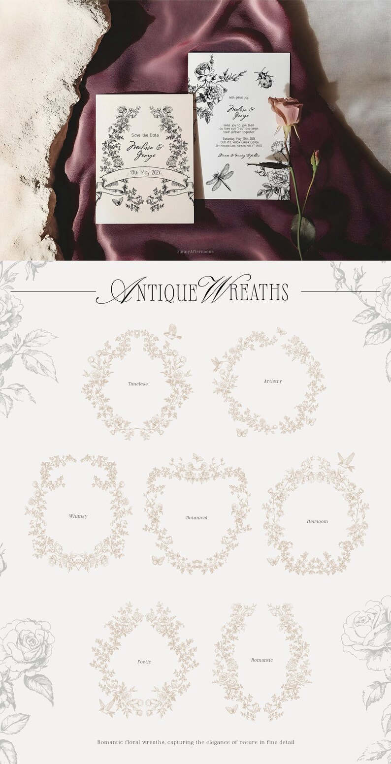 May include: A set of ten vintage floral wreaths in black and white, with names like "Timeless", "Artistry", "Whimsy", "Botanical", "Heirloom", "Poetic", and "Romantic". The text "Antique Wreaths" is at the top of the image. The text "Romantic floral wreaths, capturing the elegance of nature in fine detail" is at the bottom of the image.