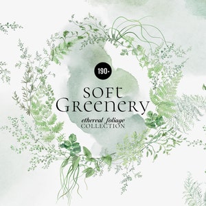 Soft Greenery aquarelle clipart, Couronnes délicates, Feuillage feuilles fougères Verdure Arrangements forêt mariage inviter logo, Verdure forestière