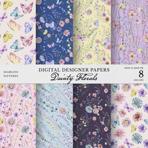 Puede incluir: Conjunto de ocho diseños de papel digital con ilustraciones de acuarela de flores delicadas y mariposas en varios colores, incluyendo rosa, azul, amarillo y morado. Los diseños son sin costuras y perfectos para proyectos de manualidades, scrapbooking y diseño digital.