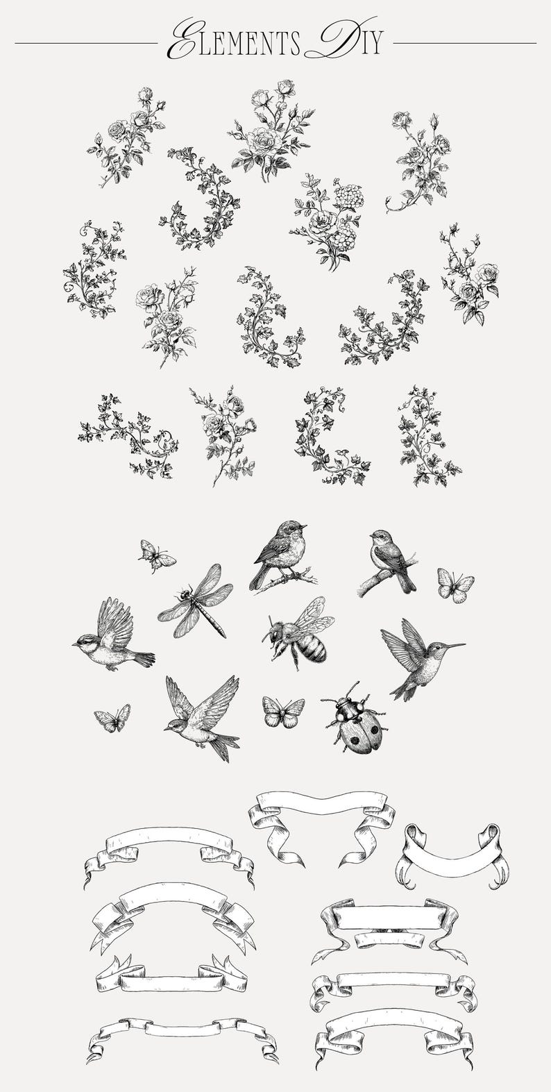 May include: A set of black and white illustrations featuring floral designs, birds, insects, and banners. The illustrations are drawn in a vintage style and would be perfect for adding a touch of elegance to any project.