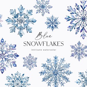 May include: A set of ten blue watercolour snowflakes with intricate details. The snowflakes are isolated on a white background. The text "Blue Snowflakes intricate watercolour" is written below the snowflakes.